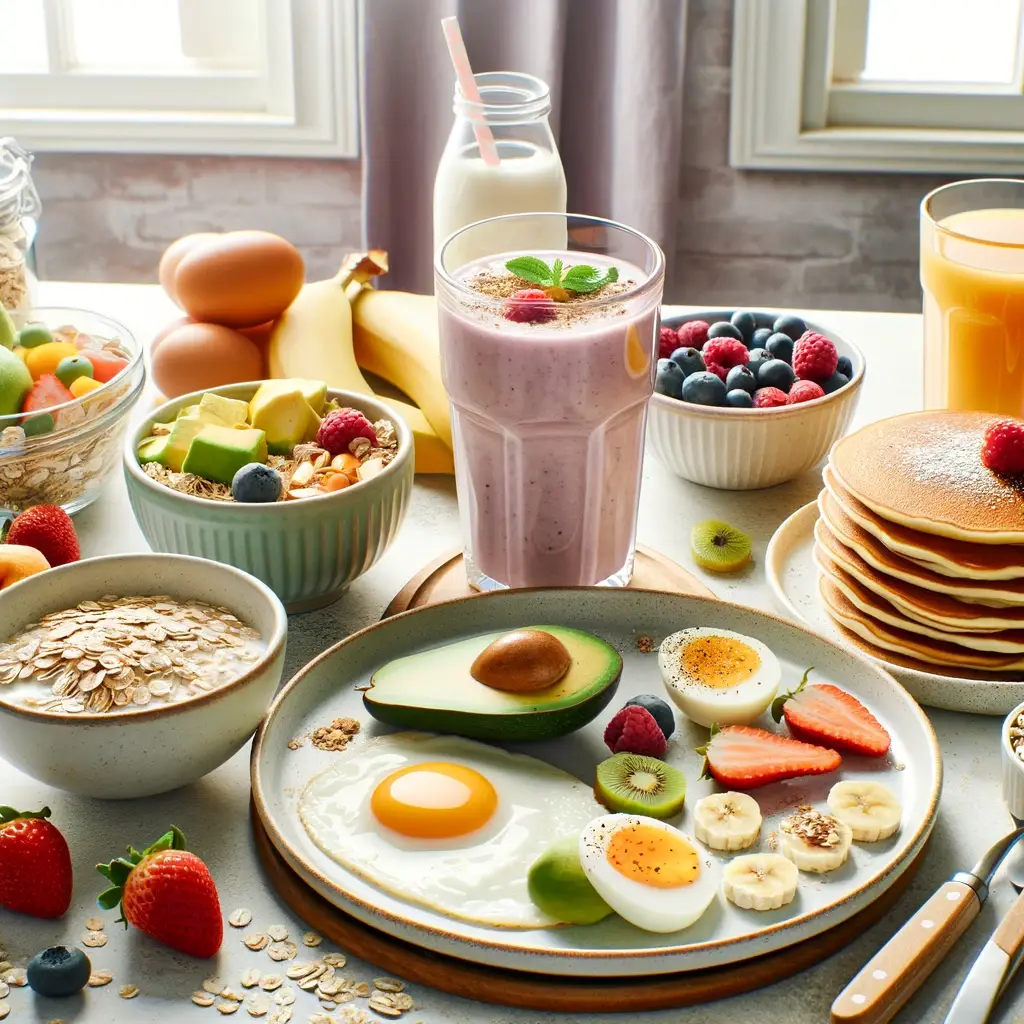 Variedade de alimentos saudáveis para o café da manhã, incluindo smoothie de frutas e aveia, tapioca com abacate e ovos, iogurte com granola e frutas, e panquecas de banana e aveia.