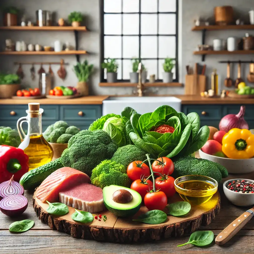 Alimentos frescos e saudáveis para uma dieta low carb, incluindo vegetais, carnes magras e gorduras saudáveis como abacate e azeite de oliva.