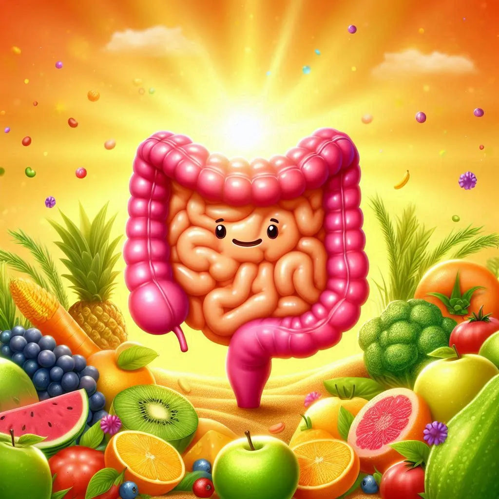Ilustração de um intestino saudável, representado de forma vibrante com elementos que simbolizam equilíbrio e bem-estar digestivo.