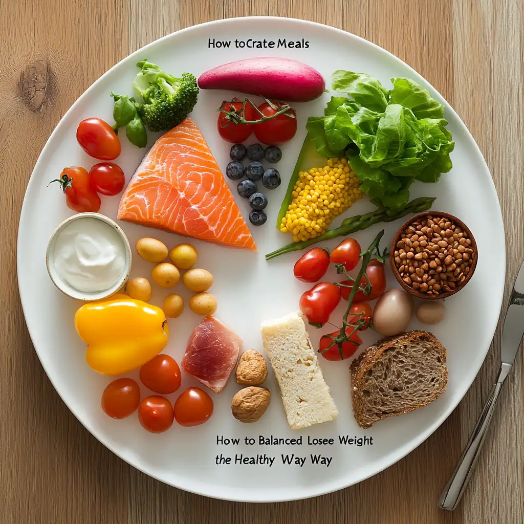 Prato colorido com salmão grelhado, vegetais frescos, legumes, queijo, pão integral e frutas, ilustrando uma refeição balanceada e saudável.