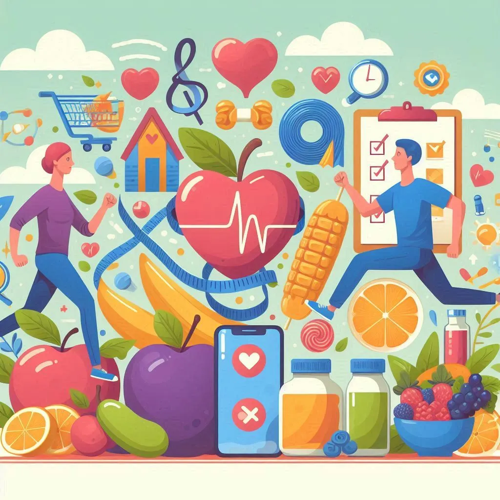 Uma ilustração colorida que mostra elementos relacionados à saúde e bem-estar, como duas pessoas correndo, frutas e vegetais, além de ícones representando fitness, alimentação saudável e cuidados médicos.