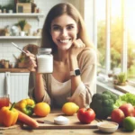 Uma pessoa sorridente em um ambiente iluminado, perto de uma mesa com opções saudáveis que substituem o açúcar refinado.