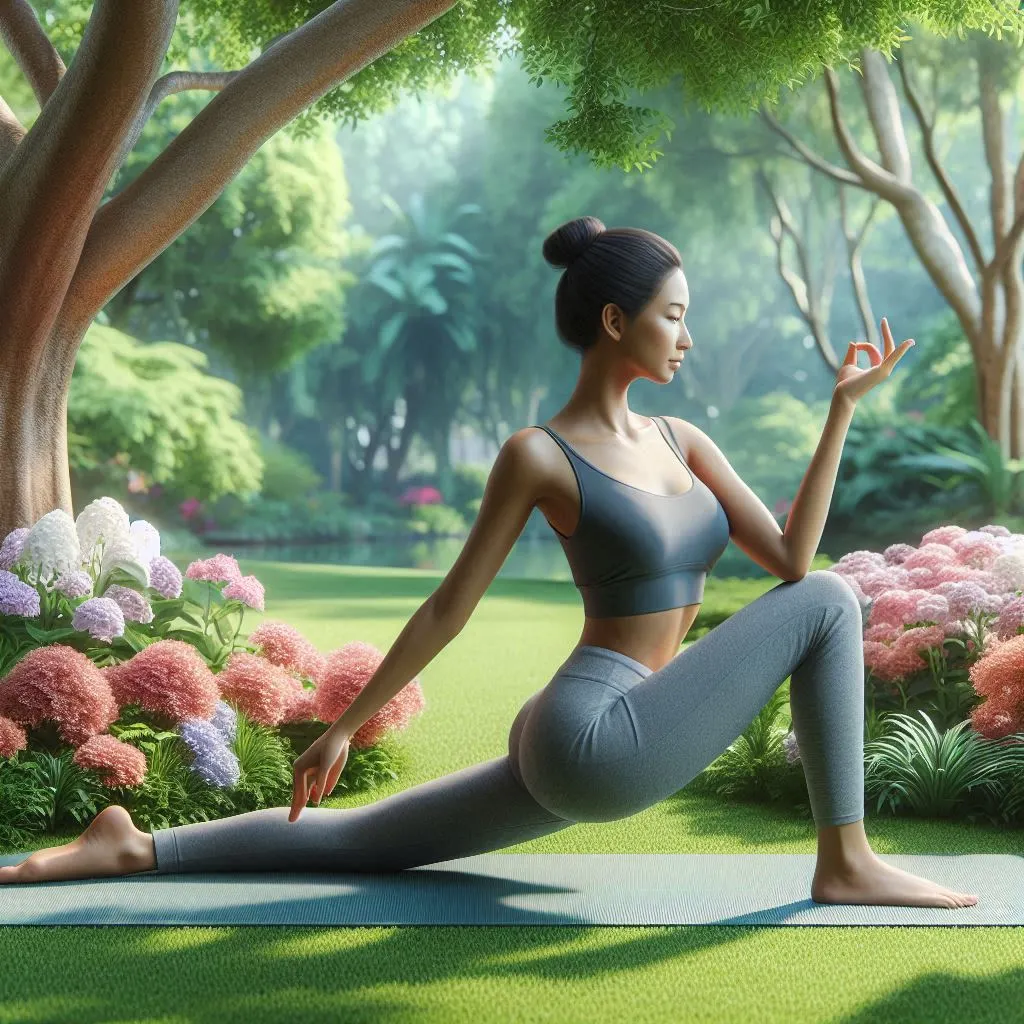 Mulher praticando yoga ao ar livre, em posição de meditação, cercada por natureza tranquila.
