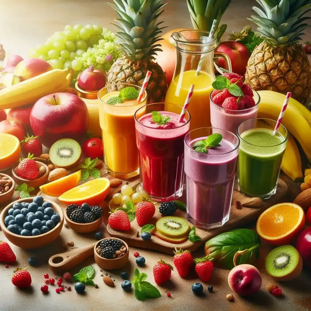 Smoothies e sucos nutritivos de frutas, vegetais e sementes, com cores vibrantes, organizados em copos e tigelas, destacando ingredientes naturais.
