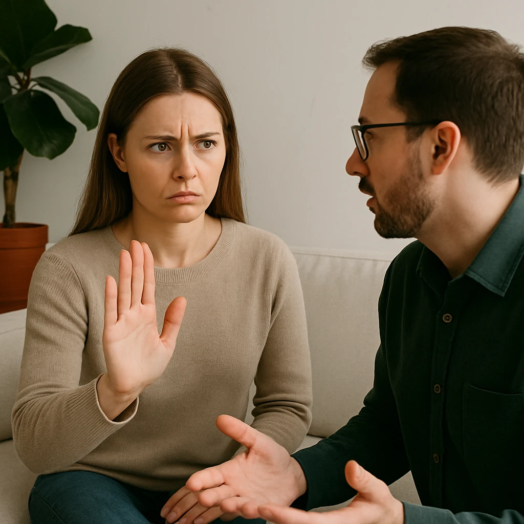 Mulher séria sinalizando com a mão para interromper conversa durante momento de conflito