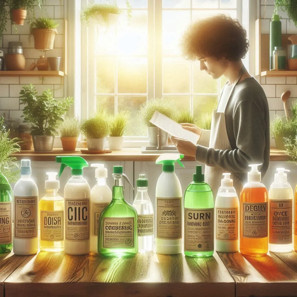 Uma imagem realista ilustrando a escolha de produtos de limpeza sustentáveis para uma casa mais ecológica.