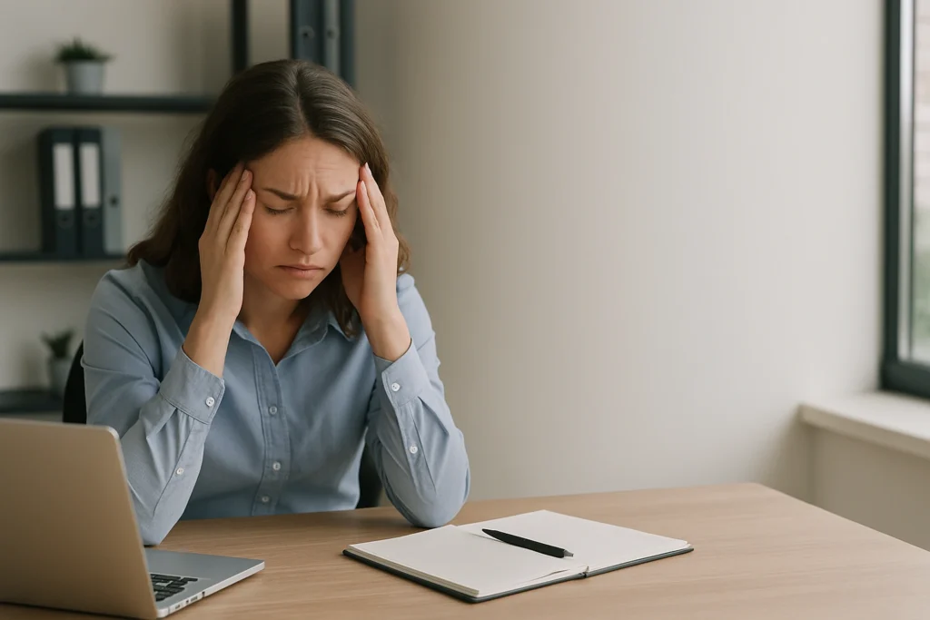 Mulher jovem com expressão de estresse pressionando as têmporas, sentada à mesa de trabalho com notebook e caderno abertos, em um ambiente de escritório iluminado naturalmente.