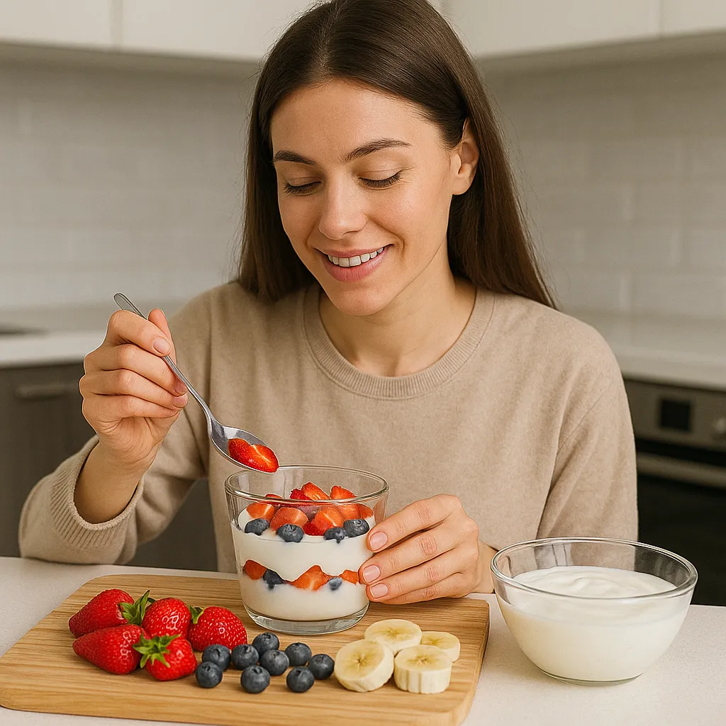 Mulher jovem com cabelos castanhos longos prepara uma sobremesa saudável em uma cozinha moderna, montando um copo com iogurte, morangos e mirtilos ao lado de uma tábua com frutas fatiadas.