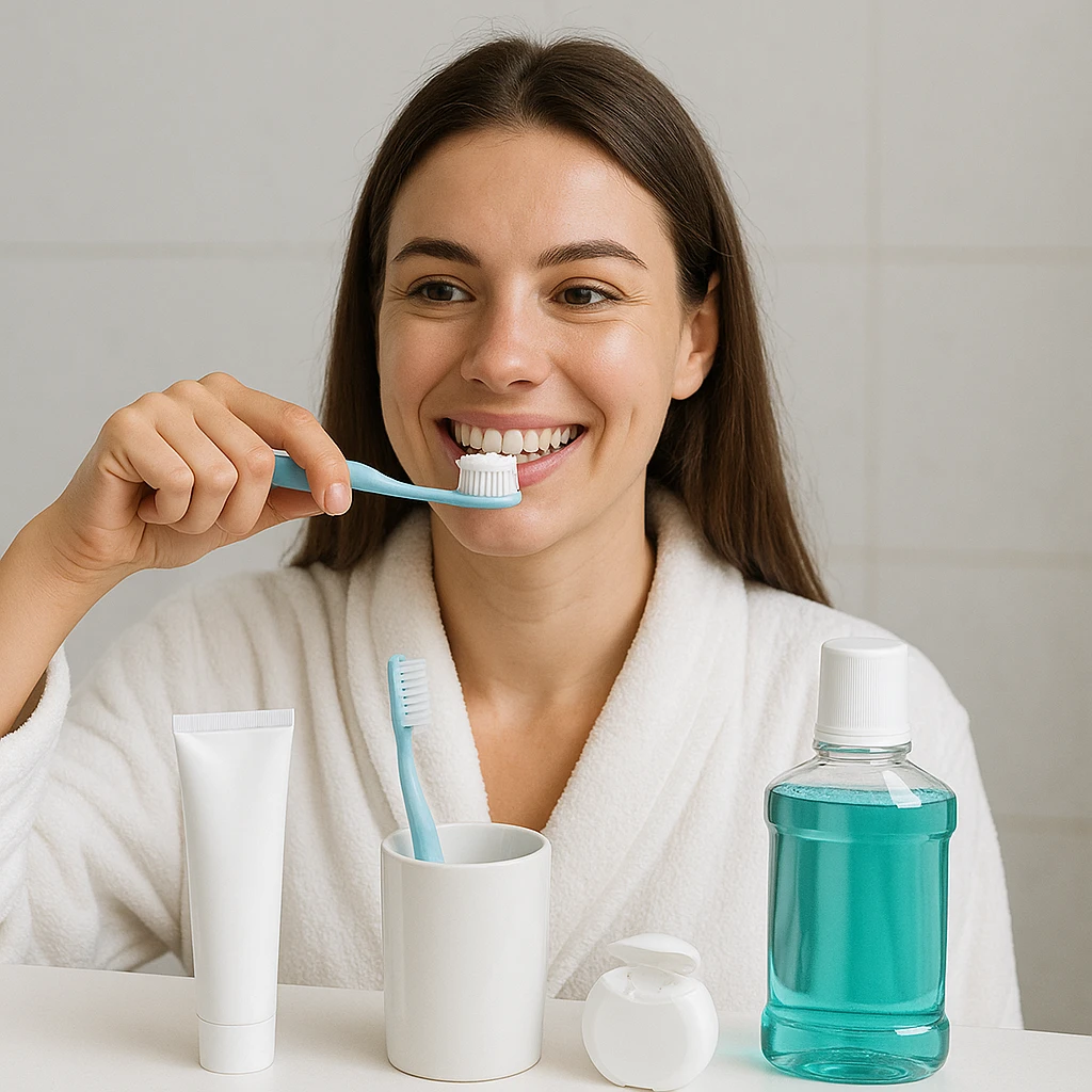 Mulher jovem com cabelo castanho escuro escova os dentes sorrindo, usando um roupão branco em um banheiro claro. Na frente dela estão itens de higiene bucal como escova, creme dental, fio dental e enxaguante bucal.