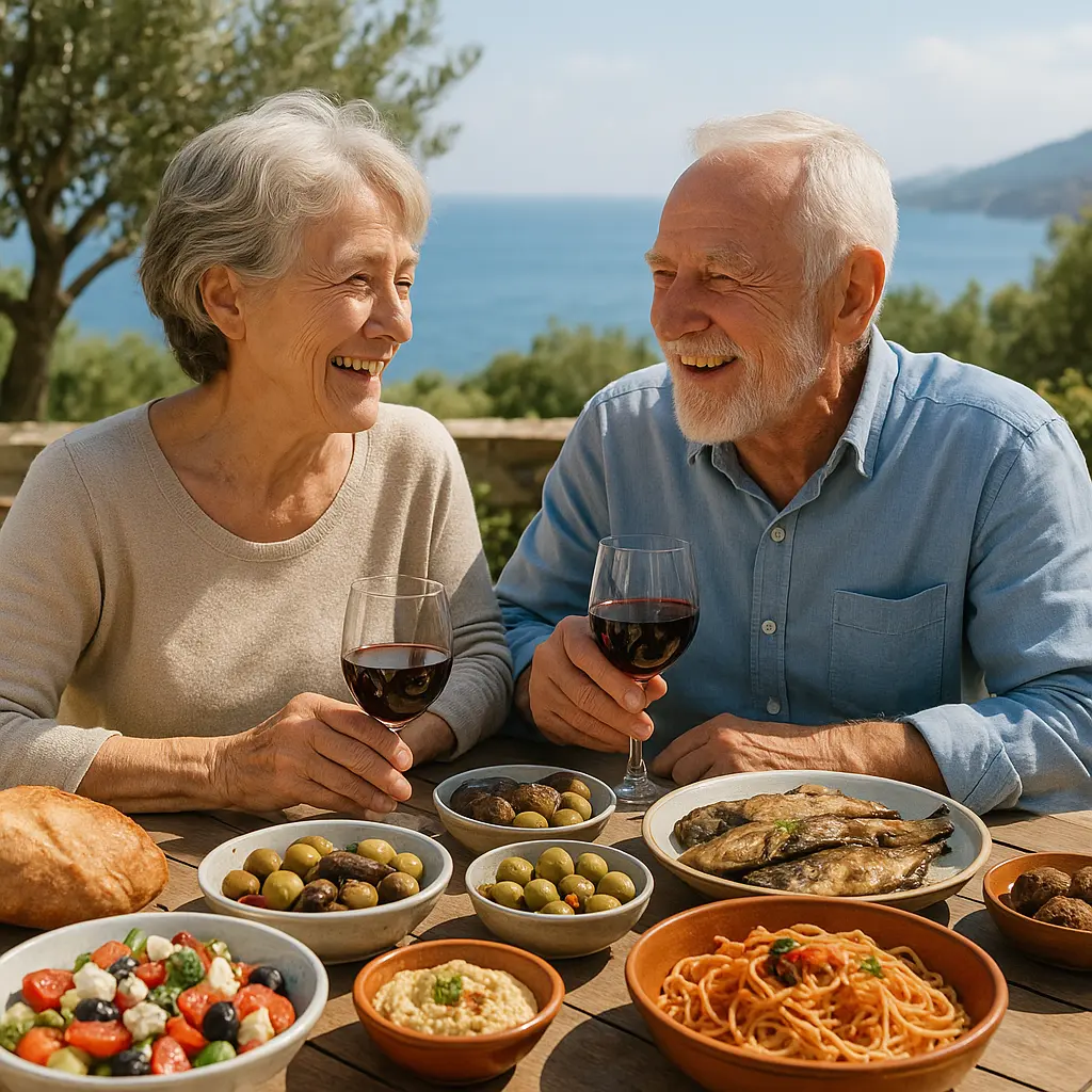 Casal idoso com pele clara sorrindo enquanto compartilha uma refeição mediterrânea em uma varanda ensolarada com vista para o mar, cercado por pratos como salada grega, azeitonas, peixe grelhado e vinho tinto.