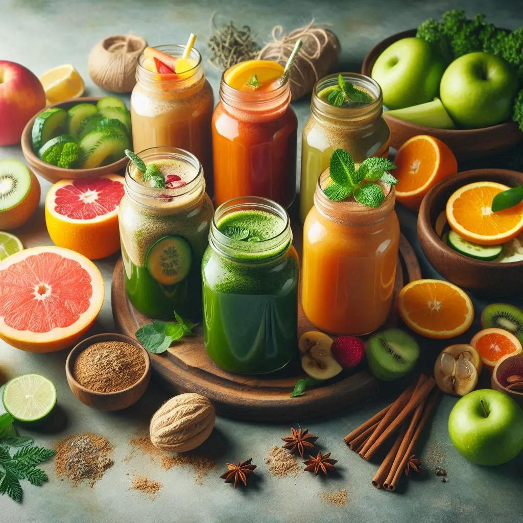 Uma imagem realista destacando receitas de sucos detox para melhorar a digestão e fortalecer a imunidade.