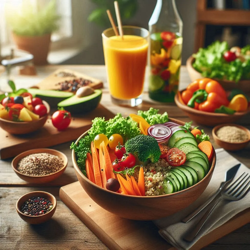 Uma refeição vegana colorida e nutritiva, promovendo uma alimentação mais sustentável.