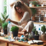 Uma mulher praticando hábitos sustentáveis no dia a dia para melhorar sua saúde mental e bem-estar.