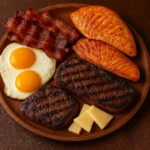 Prato com variedade de alimentos da dieta carnívora, incluindo bife grelhado, bacon, ovos, queijo curado e peixe sobre uma mesa rústica.