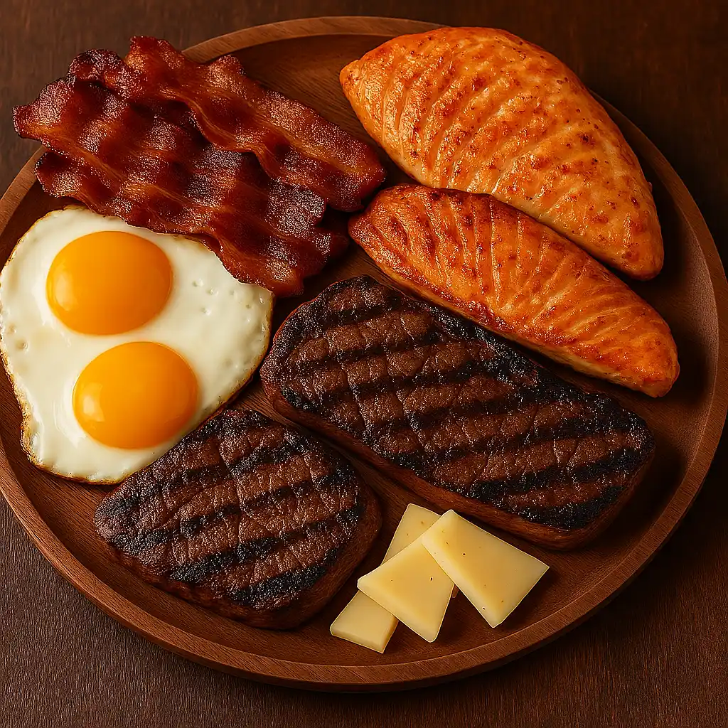 Prato com variedade de alimentos da dieta carnívora, incluindo bife grelhado, bacon, ovos, queijo curado e peixe sobre uma mesa rústica.